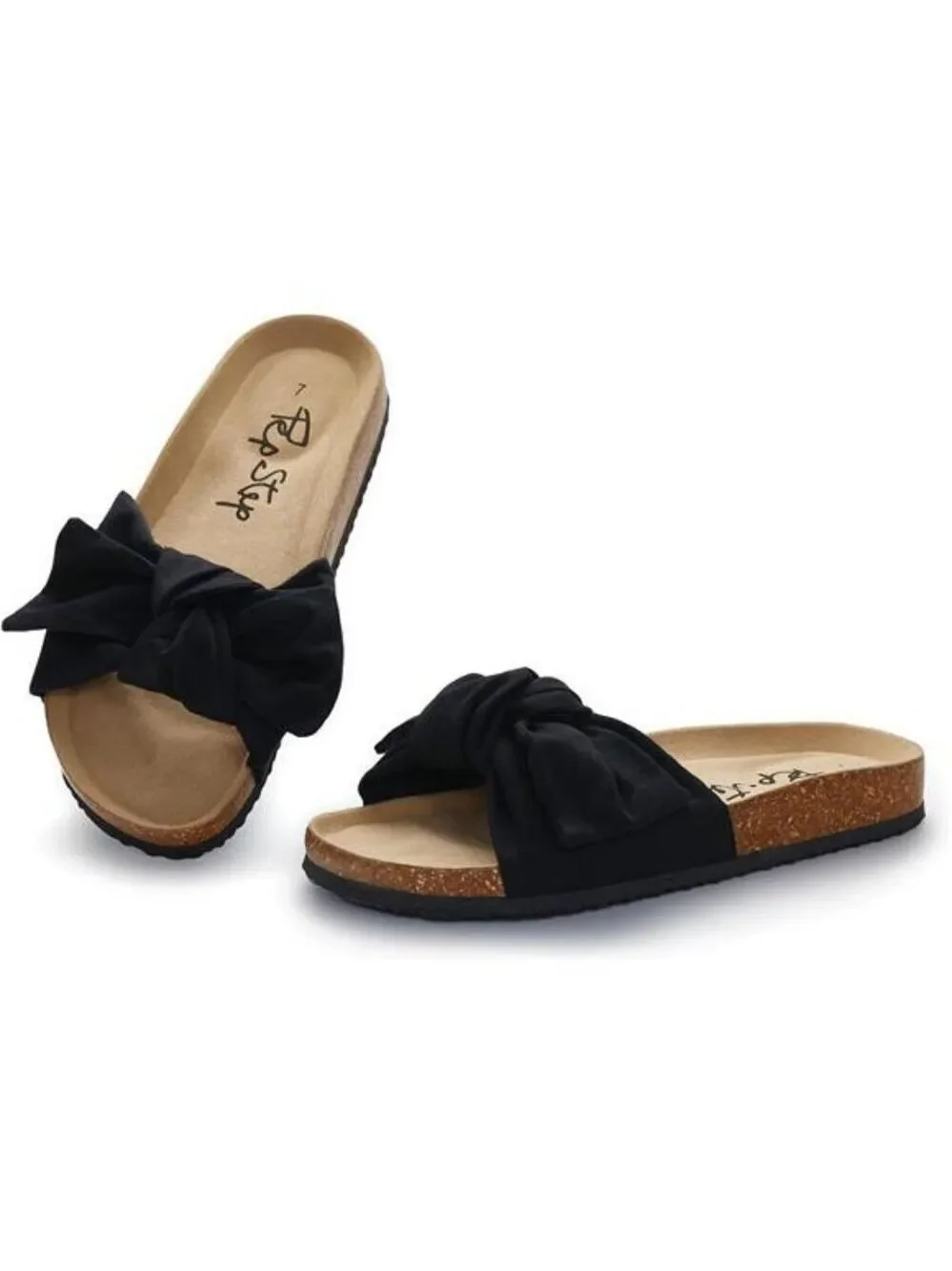 Women Slide Sandals with Bow Slip On Flat Summer Cork Footbed Comfy Shoes